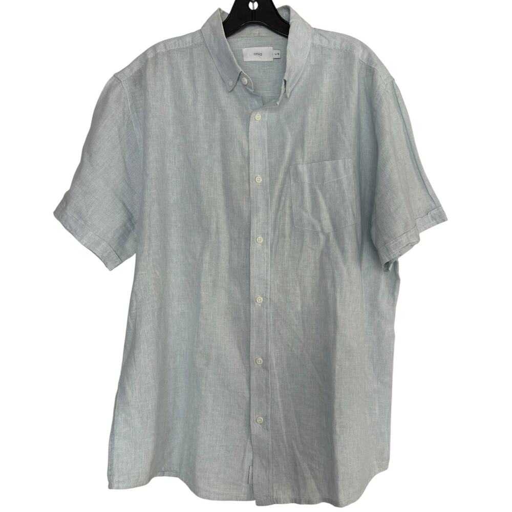 Onia Men’s Linen Cotton Short Sleeve Button Down Shirt Blue Stripe Size L